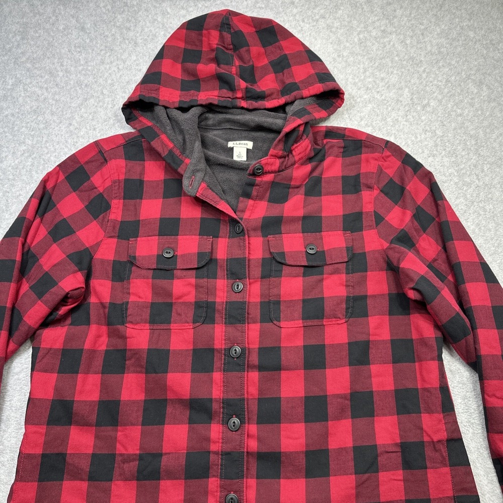 LL Bean Fleece Lined Flannel Hoodie Women Small Red Buffalo Plaid Cozy Shacket - Picture 3 of 13
